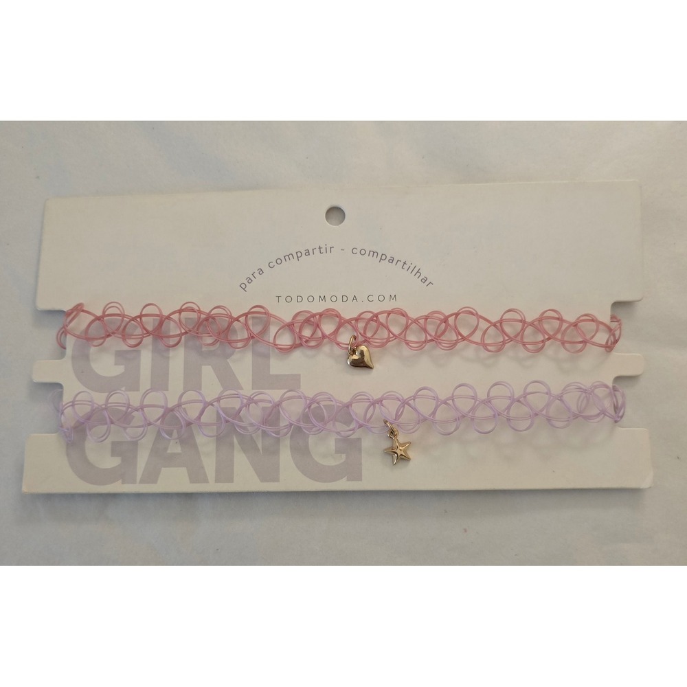 Todomoda 90s Y2K style Girl Tattoo Choker Pink Lilac Heart Star Charms 2pk NEW
